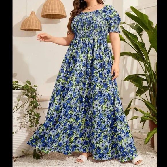 Bohemian Boho Plus Size Floral Print Smocked Maxi Dress - Picture 9 of 9